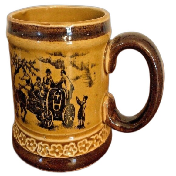 Steins Vintage Japan Victorian Carriage Stagecoach Scene Mugs Relco Set of 2 - Picture 4 of 11